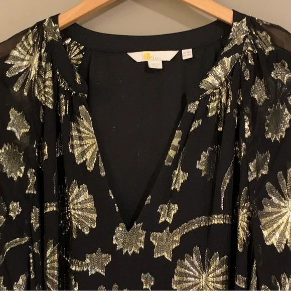 NEW Boden Firework Jacquard Party Black Gold Metallic Sheer Tiered Dress Size 14 - Picture 10 of 13